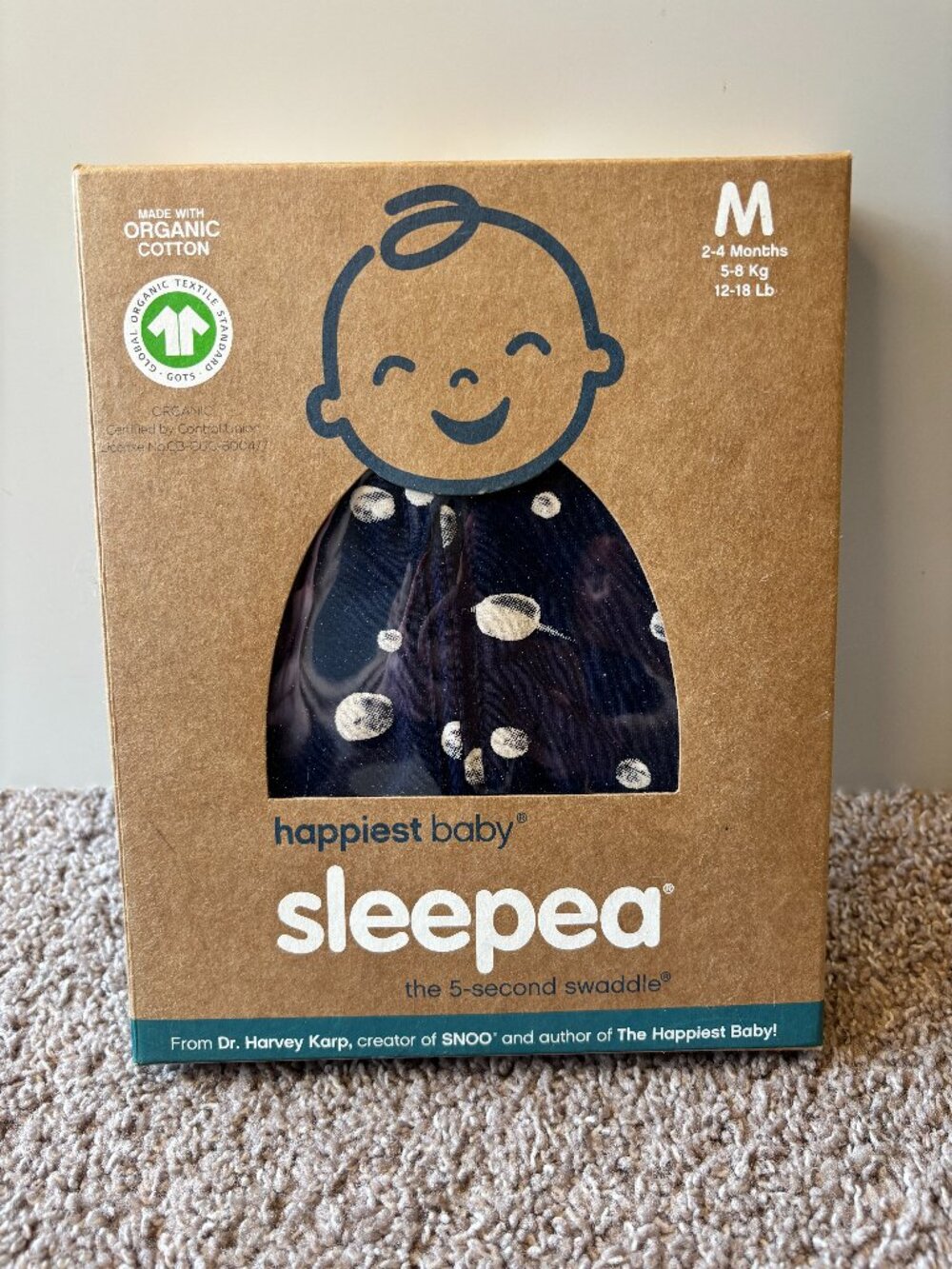 Happiest Baby Sleepea Swaddle Organic Cotton Navy Sz M 2-4 Months 5-8kg 12-18Lbs